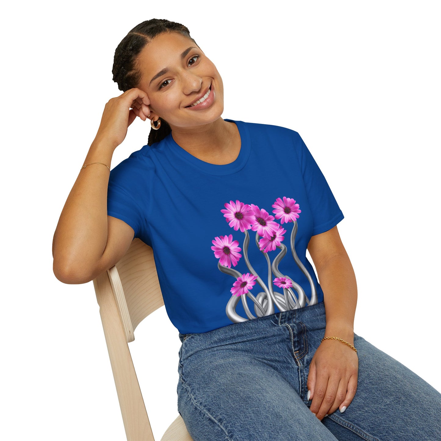 Floral Metal Futuristic Twist T‑Shirt — Pink Daisy Vine Graphic Tee