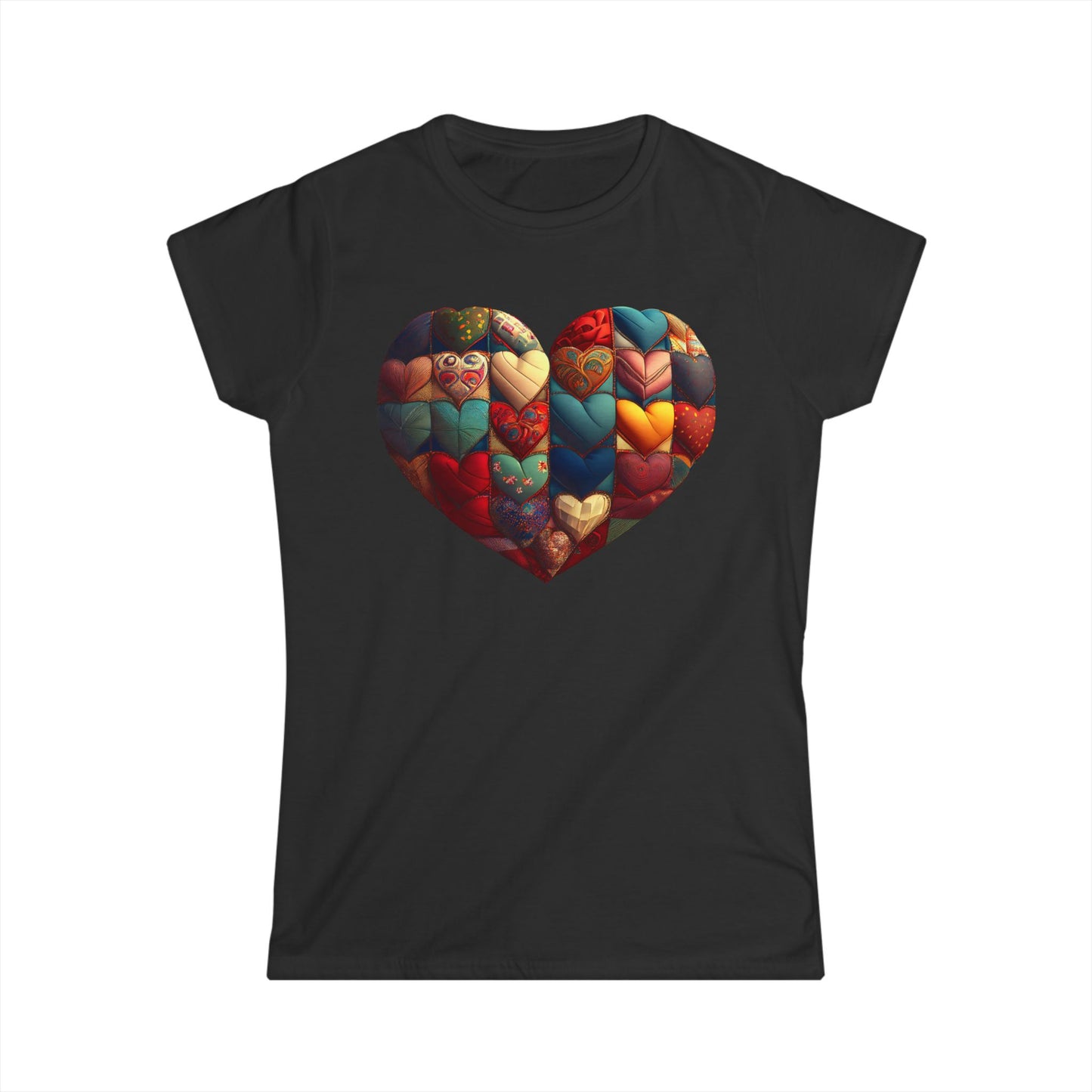 Women's Heart Patchwork Tee — Colorful Quilted Heart Graphic Shirt