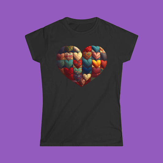 Heart Patchwork Tee — Colorful Quilted Heart Graphic Shirt