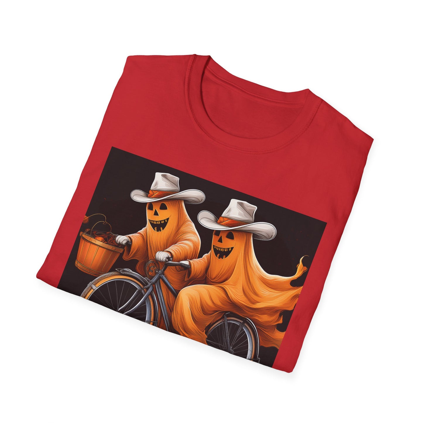 Funny cowboyGhost Bicycle T-Shirt | Halloween Tee for Kids, Unisex Festival Apparel, Ghostly Fun Wear, Spooky Season Gift