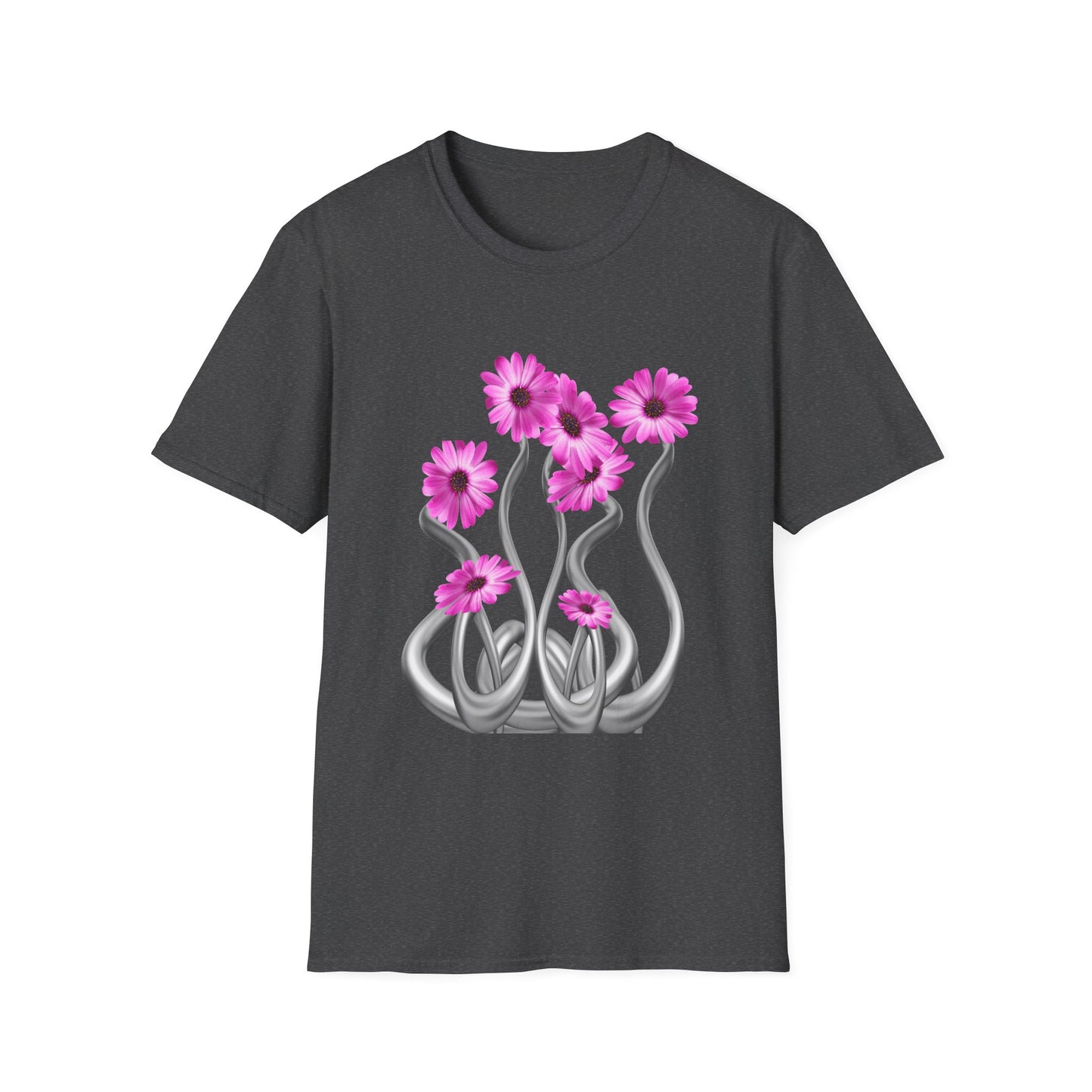 Floral Metal Futuristic Twist T‑Shirt — Pink Daisy Vine Graphic Tee