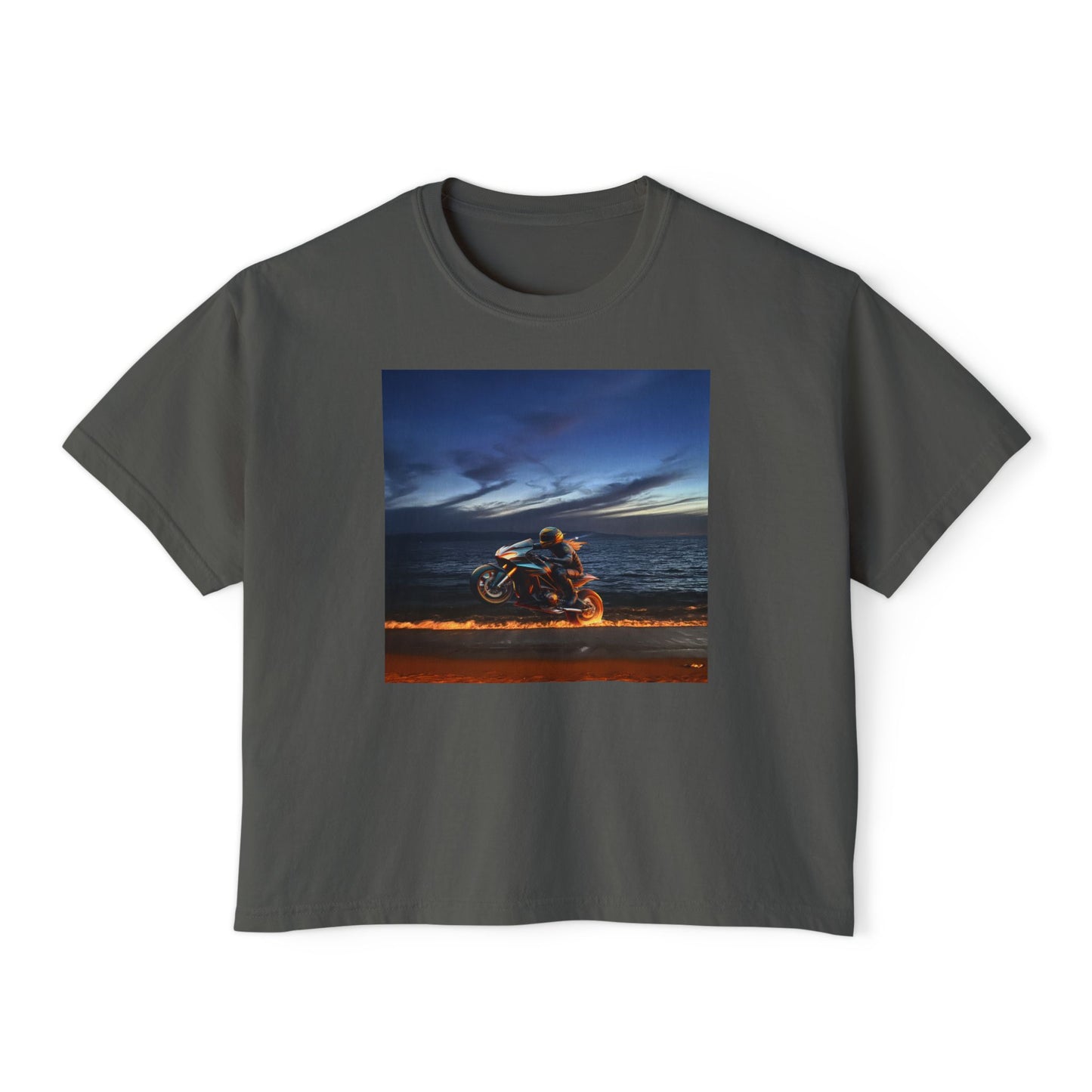 Women's Boxy Tee Fire Wheelie  Ocean Sunset Design, Relaxed Fit T-Shirt, Perfect for Casual Wear, Summer Vibe, Beach Day Gift