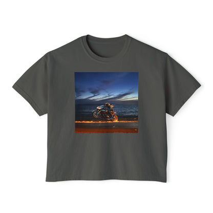 Women's Boxy Tee Fire Wheelie  Ocean Sunset Design, Relaxed Fit T-Shirt, Perfect for Casual Wear, Summer Vibe, Beach Day Gift