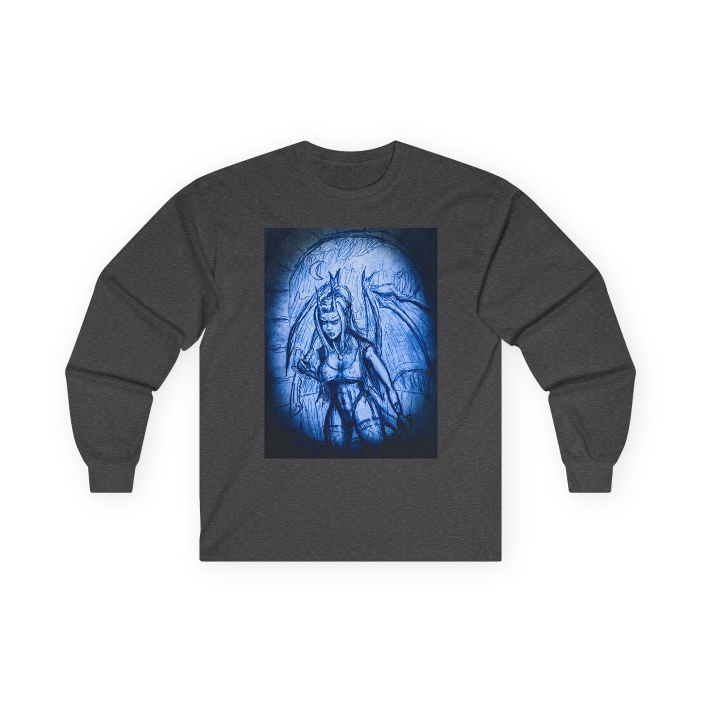 Gothic Demon Art Long Sleeve Tee — Blue Gothic Illustration