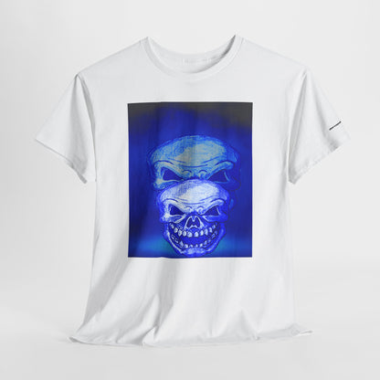 Skull Double Exposure Tee — Neon Blue Horror Graphic T-Shirt