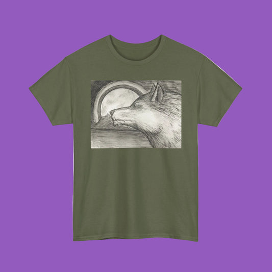 Wolf Sketch Moon T-Shirt — Black, White & Brown Wolf Illustration
