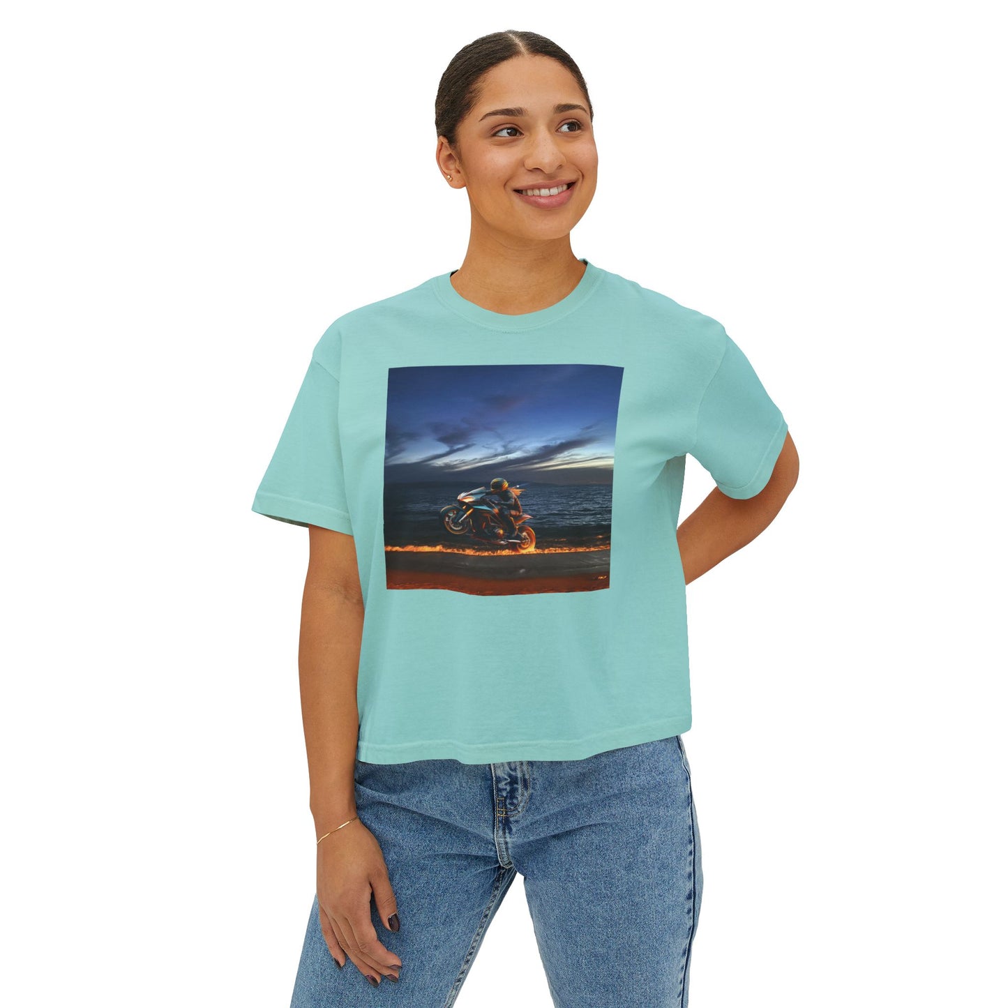Women's Boxy Tee Fire Wheelie  Ocean Sunset Design, Relaxed Fit T-Shirt, Perfect for Casual Wear, Summer Vibe, Beach Day Gift