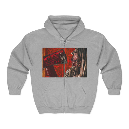 Halloween Horror Zip-Up Hoodie, Unisex Graphic Sweatshirt, Spooky Costume, Pumpkin Patch, Scary Movie Night, Fall Fashion