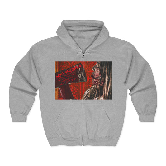 Halloween Horror Zip-Up Hoodie, Unisex Graphic Sweatshirt, Spooky Costume, Pumpkin Patch, Scary Movie Night, Fall Fashion