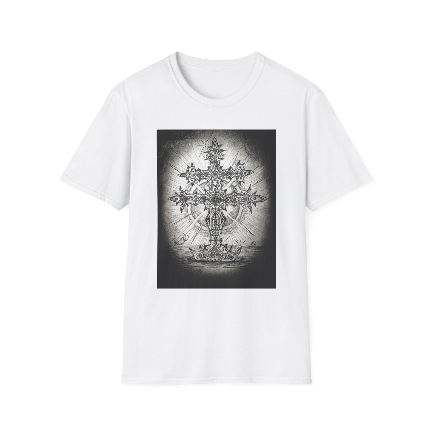 Celtic Cross Graphic Tee, Unisex Softstyle T-Shirt, Spiritual Cross Design Shirt, Casual Wear, Gift for Him/Her