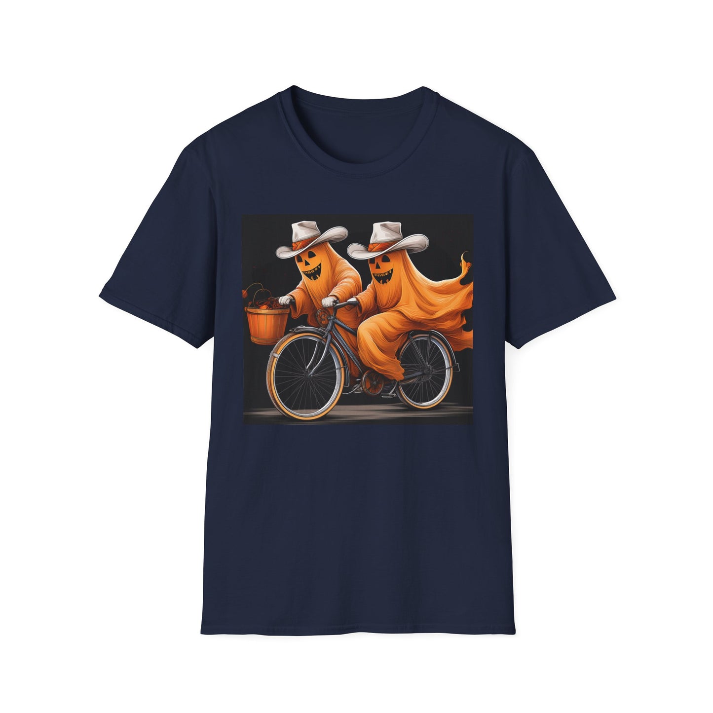 Funny cowboyGhost Bicycle T-Shirt | Halloween Tee for Kids, Unisex Festival Apparel, Ghostly Fun Wear, Spooky Season Gift