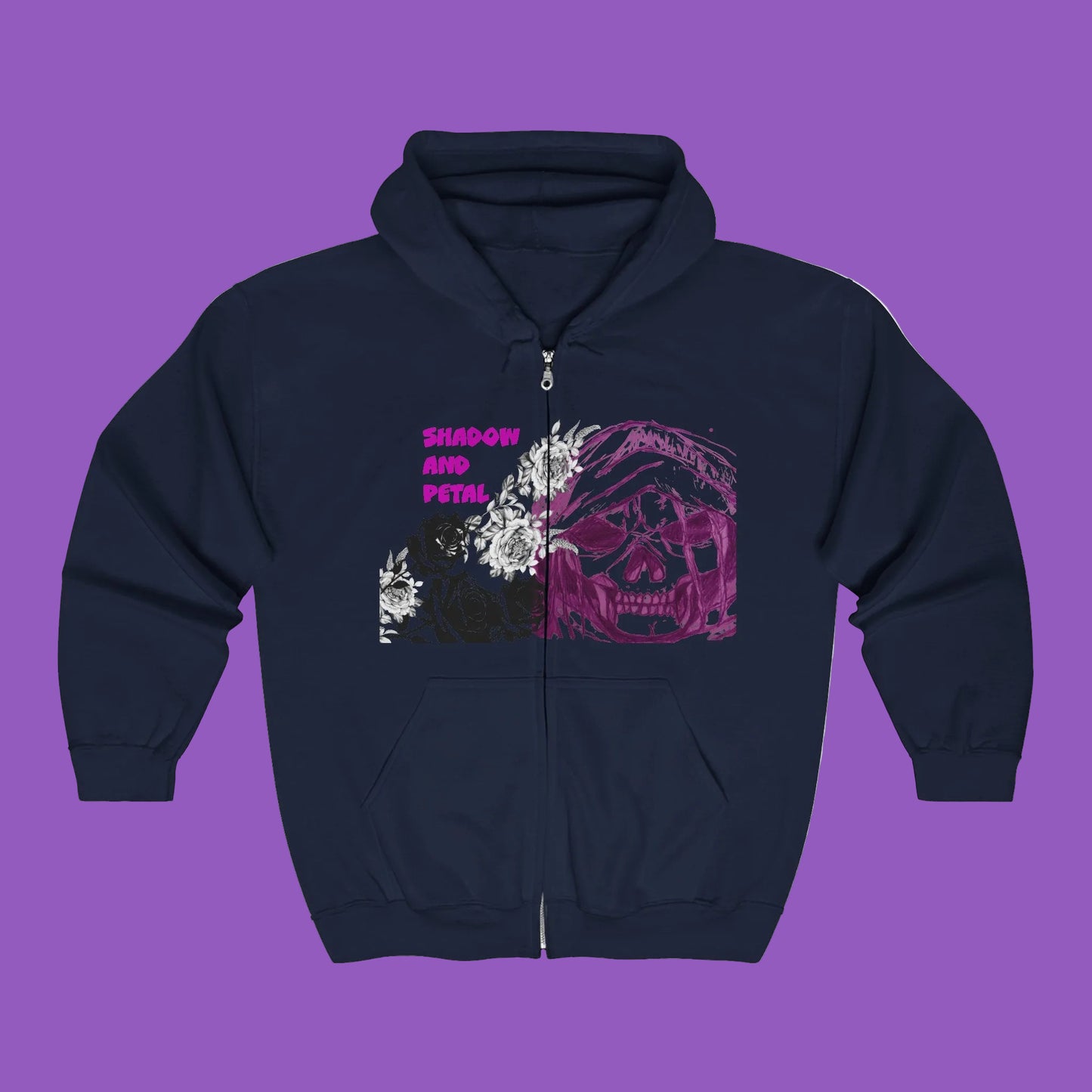 Zip Hoodie - Retro Grunge Skull & Roses Full-Zip Sweatshirt
