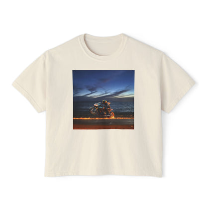 Women's Boxy Tee Fire Wheelie  Ocean Sunset Design, Relaxed Fit T-Shirt, Perfect for Casual Wear, Summer Vibe, Beach Day Gift