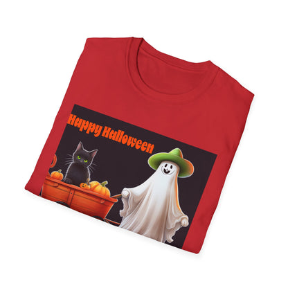 Halloween Ghost with wagon t-Shirt, trick or treating  Funny Halloween Tee, Unisex Casual Shirt, Cute Halloween Costume, Spooky Holiday Apparel