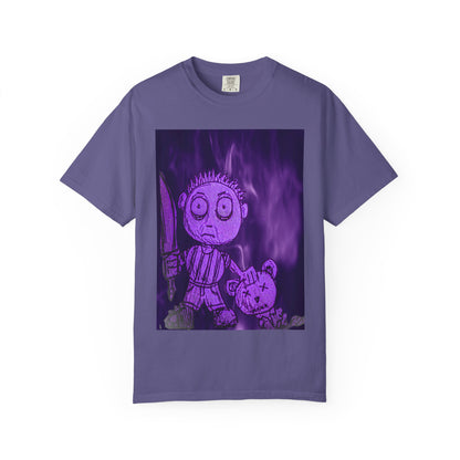 Horror Cartoon T-Shirt — Creepy Knife Kid with Broken Bunny Graphic