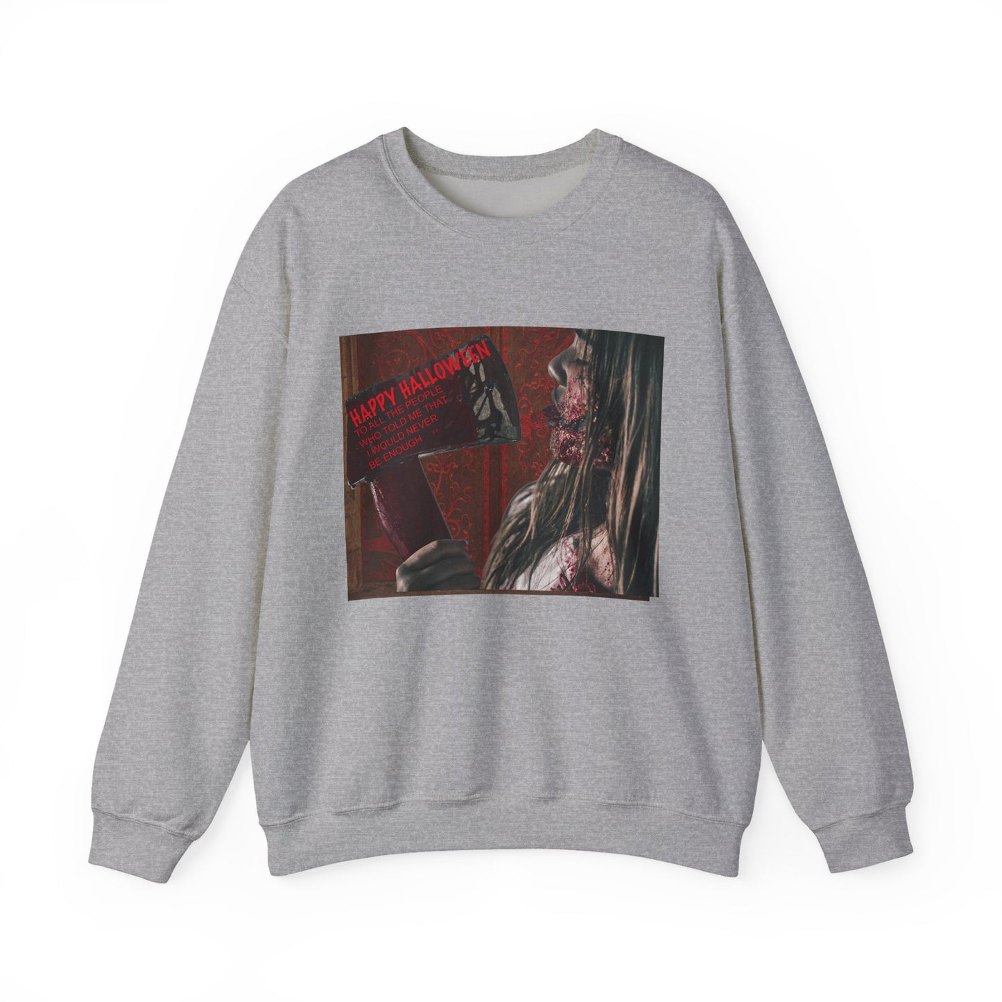Halloween Horror Girl with Axe Sweatshirt, Unisex Crewneck, Horror Movie Fan Apparel, Halloween Costume Layering