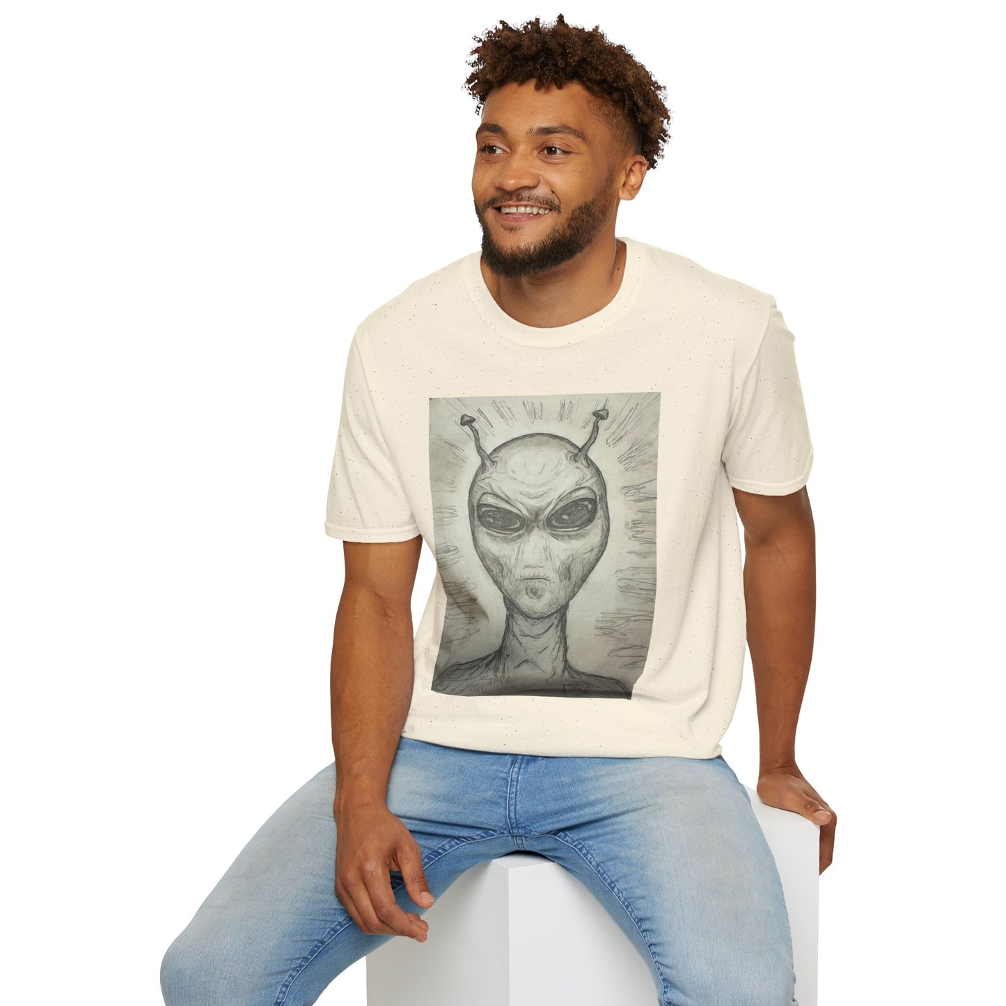 Alien Sketch B & W Unisex Softstyle T-Shirt, Casual Graphic Tee, Sci-Fi Lover Apparel, Unique Gift for UFO Enthusiasts, Everyday Wear