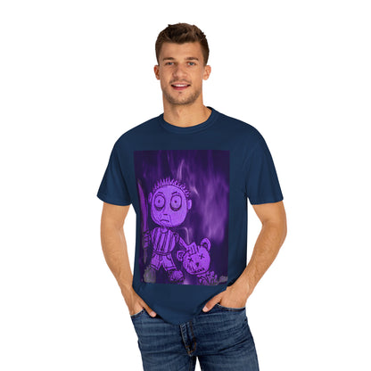 Horror Cartoon T-Shirt — Creepy Knife Kid with Broken Bunny Graphic