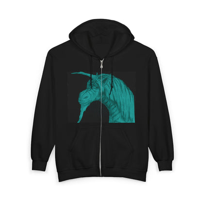 Green Unicorn Graphic Full Zip Hoodie for Animal Lovers | Cozy Outerwear for Spring, Unique Gift, Casual Wear, Birthday, Festival