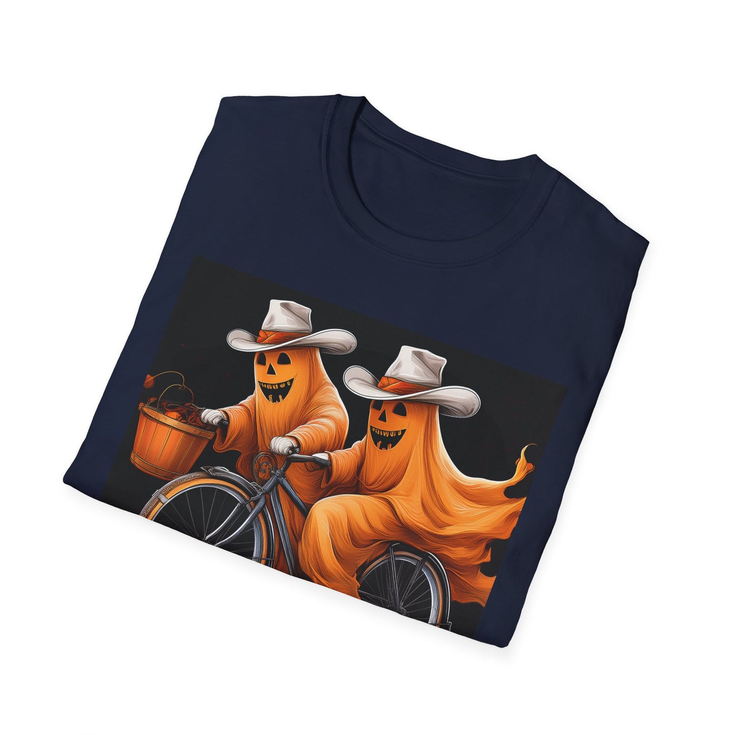 Funny cowboyGhost Bicycle T-Shirt | Halloween Tee for Kids, Unisex Festival Apparel, Ghostly Fun Wear, Spooky Season Gift