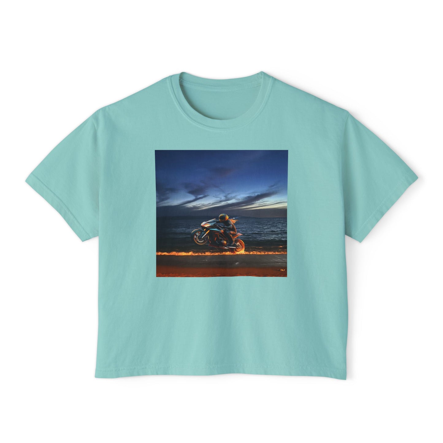 Women's Boxy Tee Fire Wheelie  Ocean Sunset Design, Relaxed Fit T-Shirt, Perfect for Casual Wear, Summer Vibe, Beach Day Gift