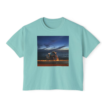 Women's Boxy Tee Fire Wheelie  Ocean Sunset Design, Relaxed Fit T-Shirt, Perfect for Casual Wear, Summer Vibe, Beach Day Gift