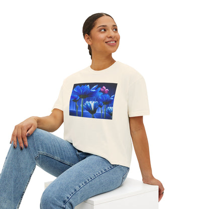 Floral Blue Flowered Backlight Women's Boxy Tee, Boho Chic Style, Perfect Summer Top, Gift for Her, Casual Cute Shirt, Nature-Inspired Apparel