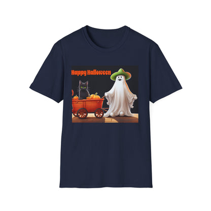 Halloween Ghost with wagon t-Shirt, trick or treating  Funny Halloween Tee, Unisex Casual Shirt, Cute Halloween Costume, Spooky Holiday Apparel