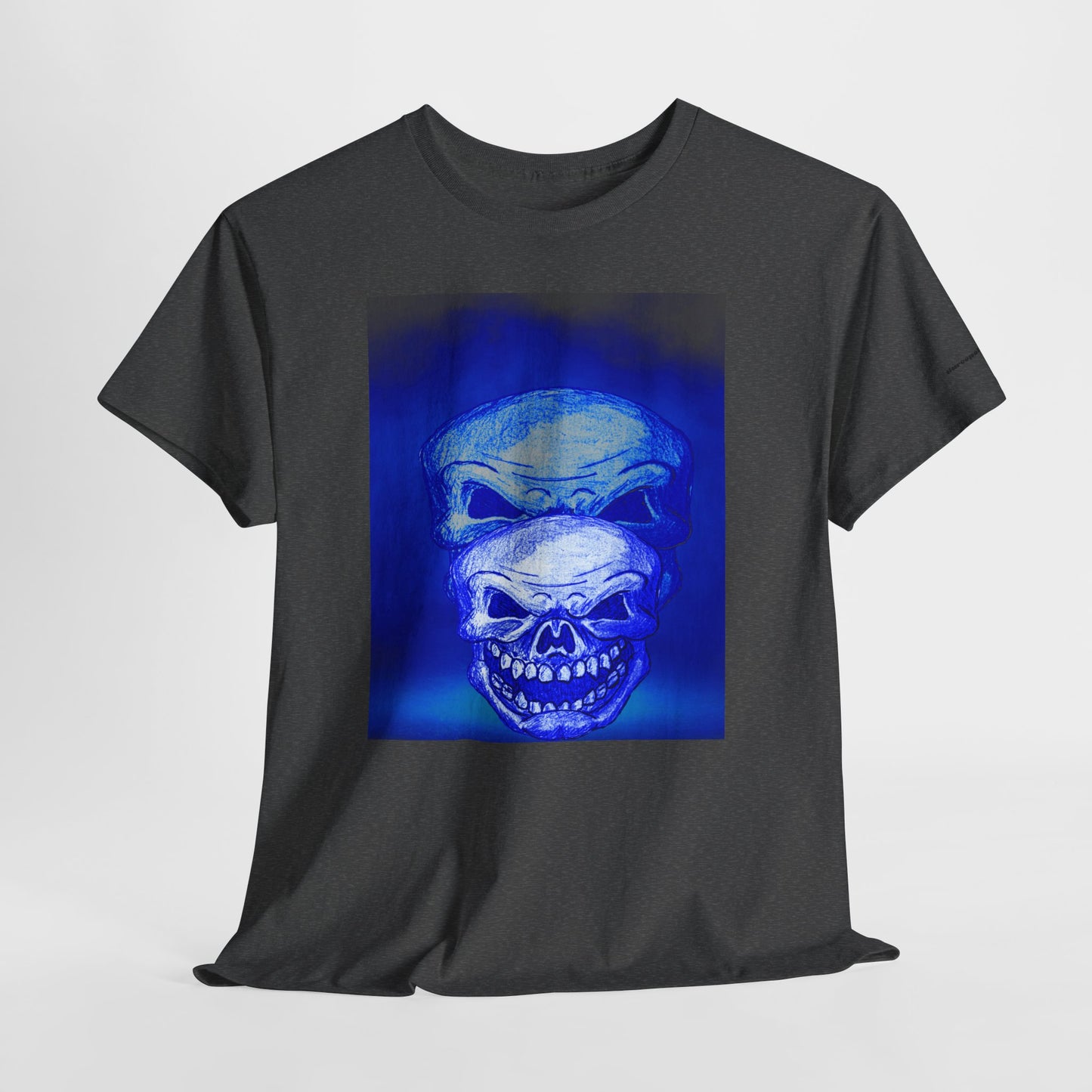 Skull Double Exposure Tee — Neon Blue Horror Graphic T-Shirt