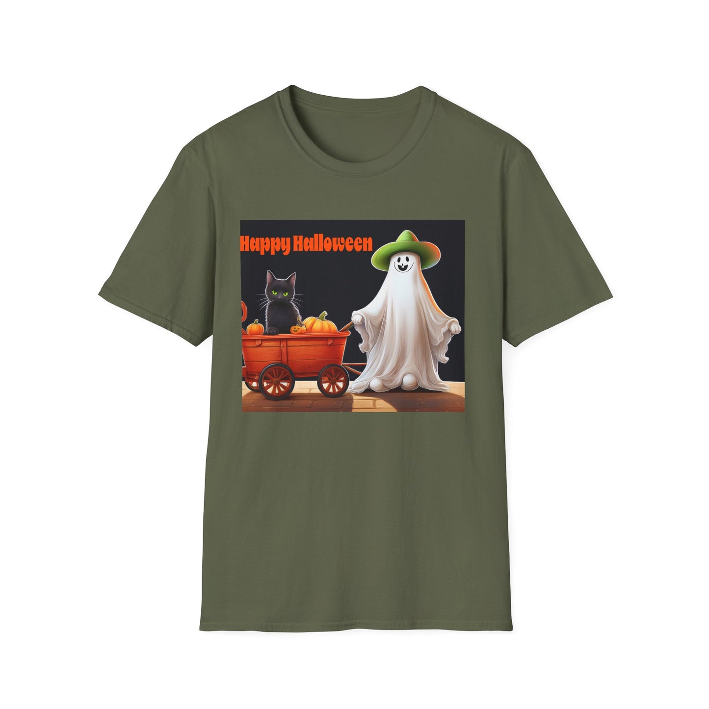 Halloween Ghost with wagon t-Shirt, trick or treating  Funny Halloween Tee, Unisex Casual Shirt, Cute Halloween Costume, Spooky Holiday Apparel