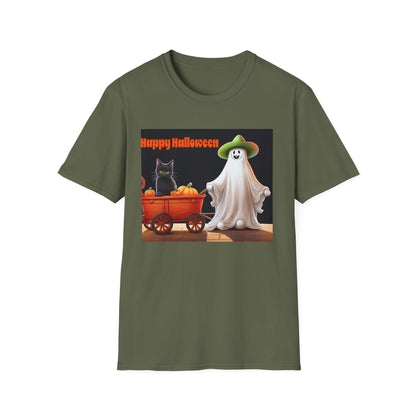 Halloween Ghost with wagon t-Shirt, trick or treating  Funny Halloween Tee, Unisex Casual Shirt, Cute Halloween Costume, Spooky Holiday Apparel