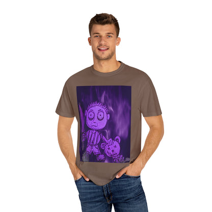 Horror Cartoon T-Shirt — Creepy Knife Kid with Broken Bunny Graphic