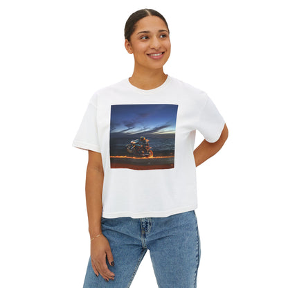 Women's Boxy Tee Fire Wheelie  Ocean Sunset Design, Relaxed Fit T-Shirt, Perfect for Casual Wear, Summer Vibe, Beach Day Gift