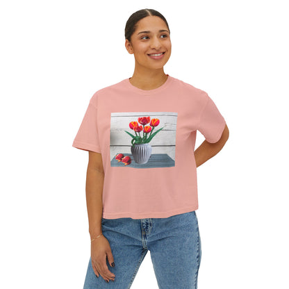 Floral Country Tulips Women's Boxy Tee - Cute Spring Top, Casual Wear, Gift for Her, Garden Lovers, Everyday Style