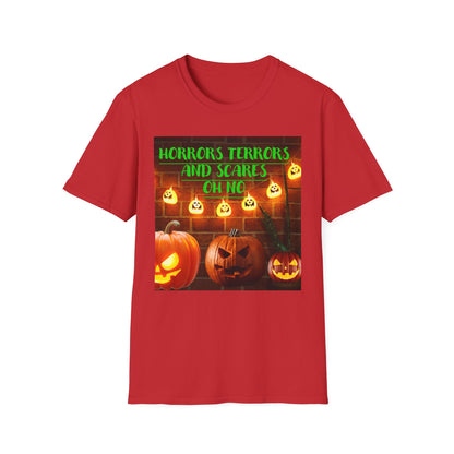 Halloween T-Shirt with Scary Pumpkins and string lights - Horror, Terrors and Scares Oh No