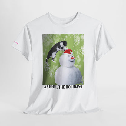Holiday Cat T‑Shirt – “Aahhh, The Holidays” Funny Snowman Cat Tee