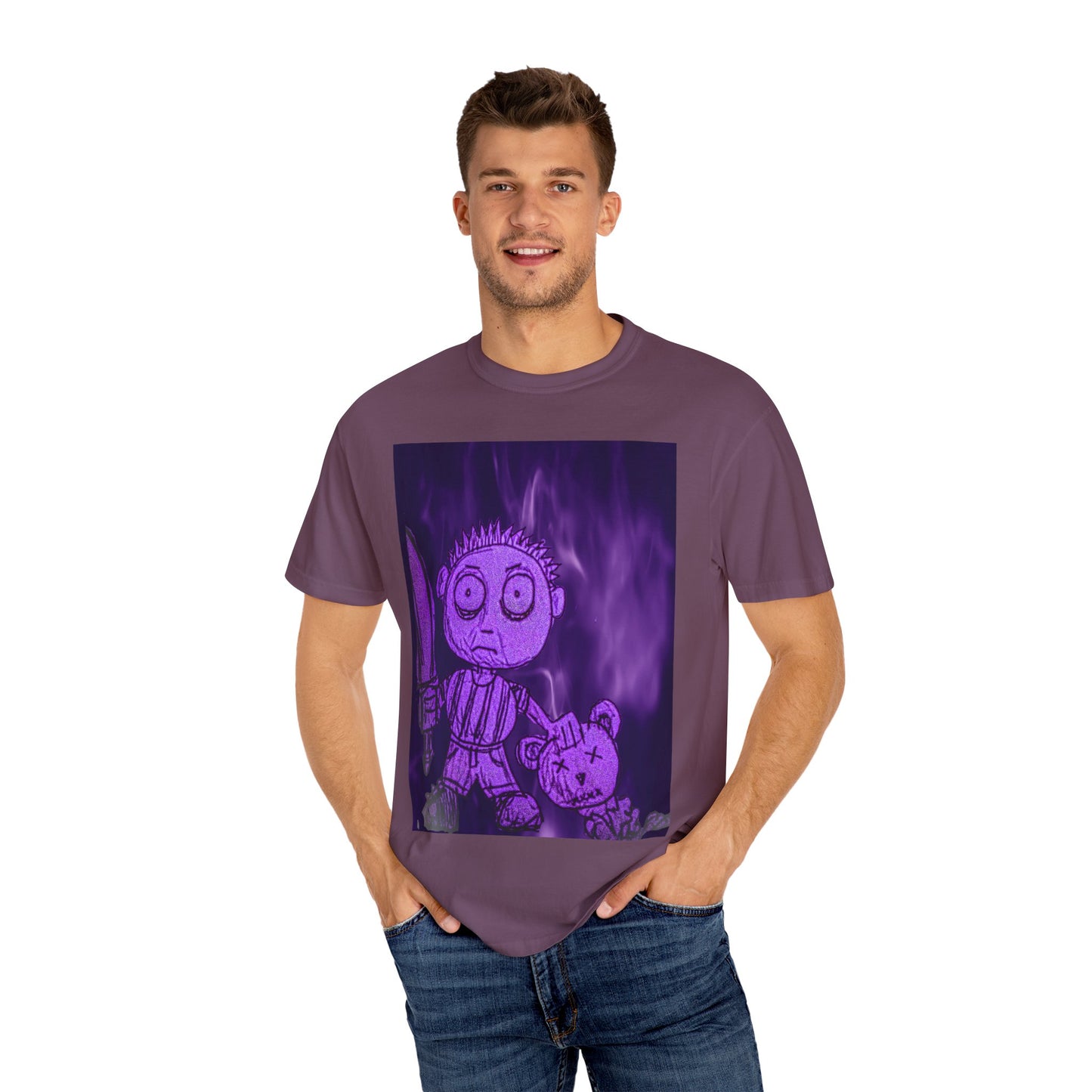 Horror Cartoon T-Shirt — Creepy Knife Kid with Broken Bunny Graphic