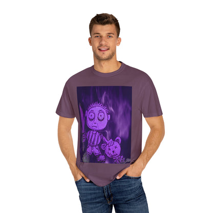 Horror Cartoon T-Shirt — Creepy Knife Kid with Broken Bunny Graphic
