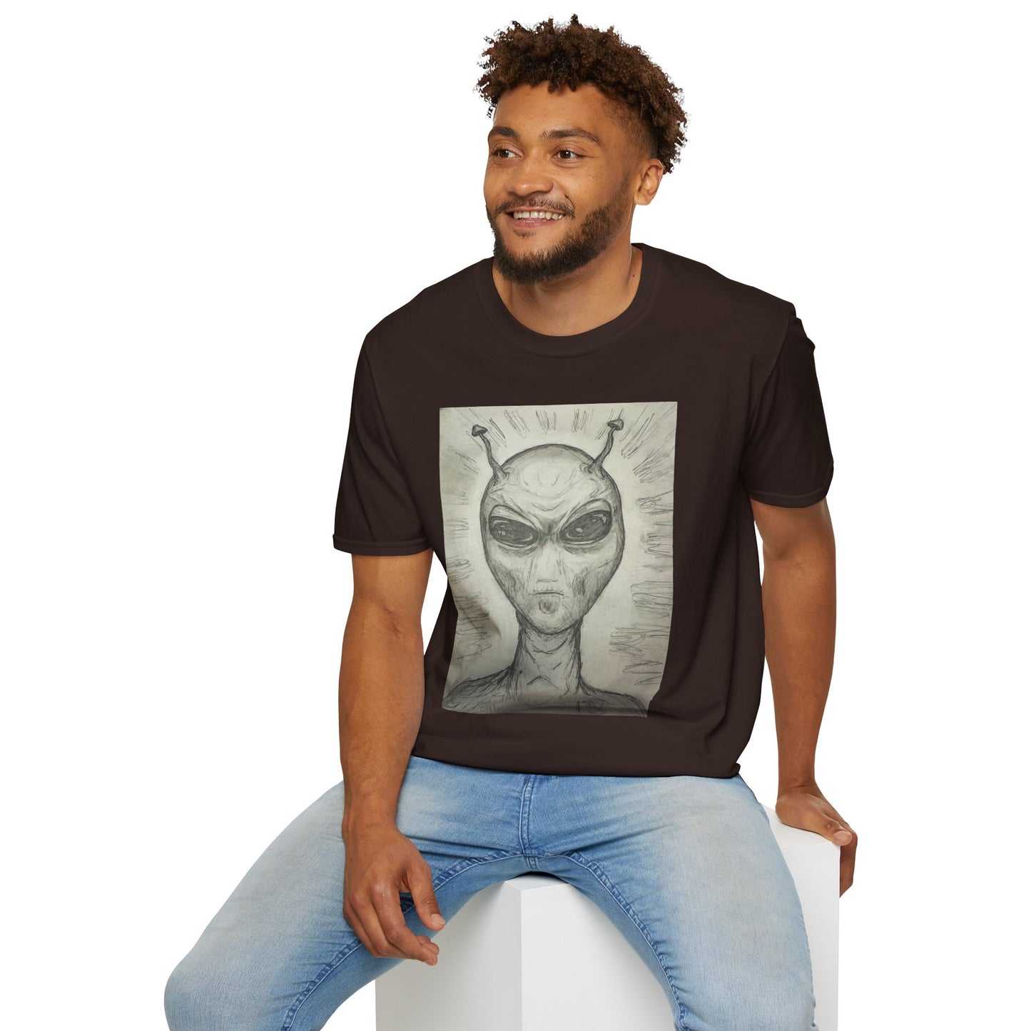 Alien Sketch B & W Unisex Softstyle T-Shirt, Casual Graphic Tee, Sci-Fi Lover Apparel, Unique Gift for UFO Enthusiasts, Everyday Wear