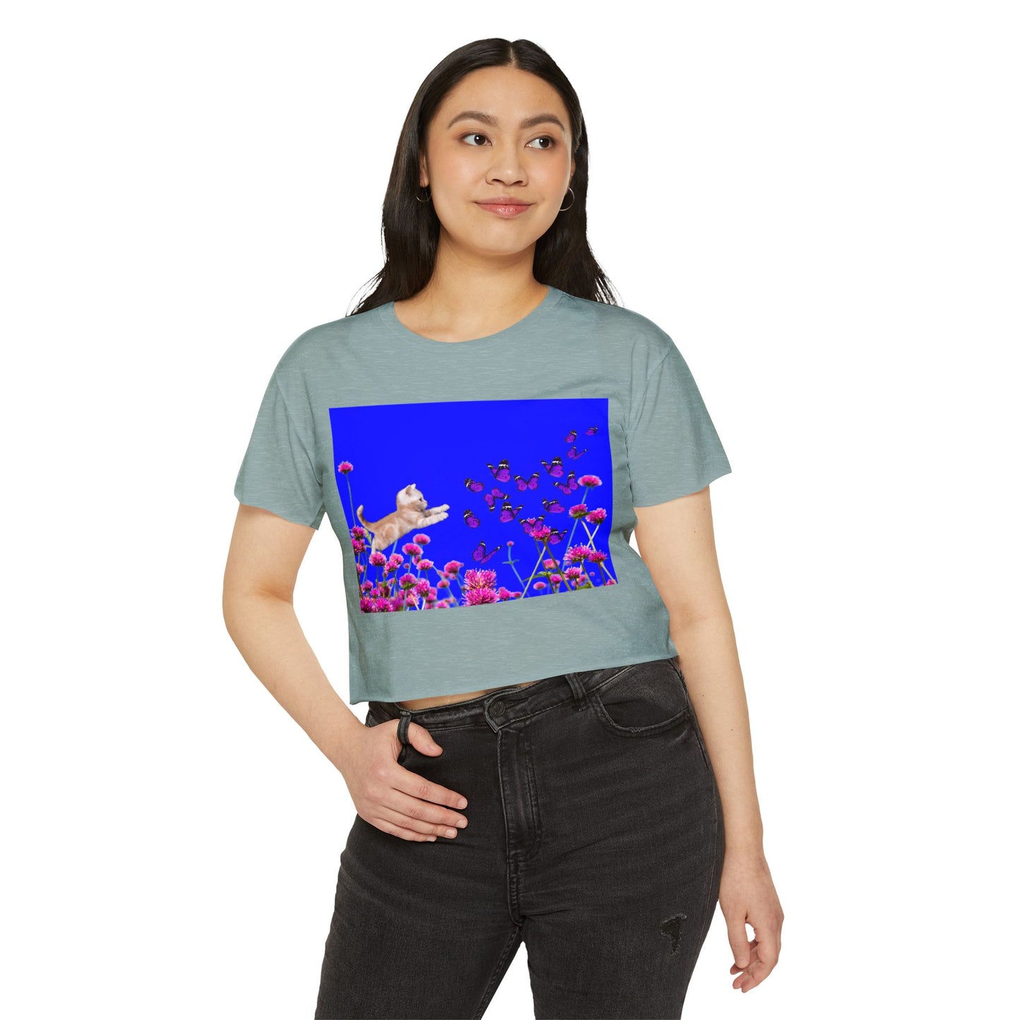 KITTY PLAYS WITH BUTTERFLIES Festival Crop Top