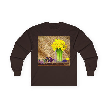 Burlap Floral Long Sleeve Tee - Perfect for Outdoor Gatherings, Gift for Garden Lovers, Spring Celebrations, Cozy Casual Wear