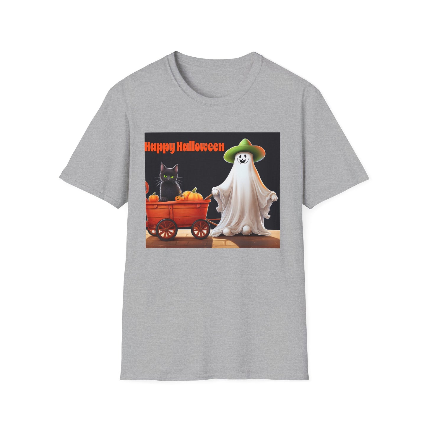 Halloween Ghost with wagon t-Shirt, trick or treating  Funny Halloween Tee, Unisex Casual Shirt, Cute Halloween Costume, Spooky Holiday Apparel