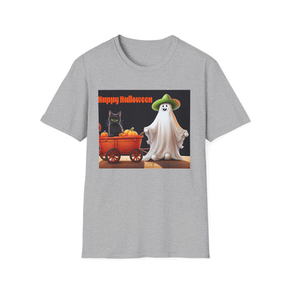 Halloween Ghost with wagon t-Shirt, trick or treating  Funny Halloween Tee, Unisex Casual Shirt, Cute Halloween Costume, Spooky Holiday Apparel