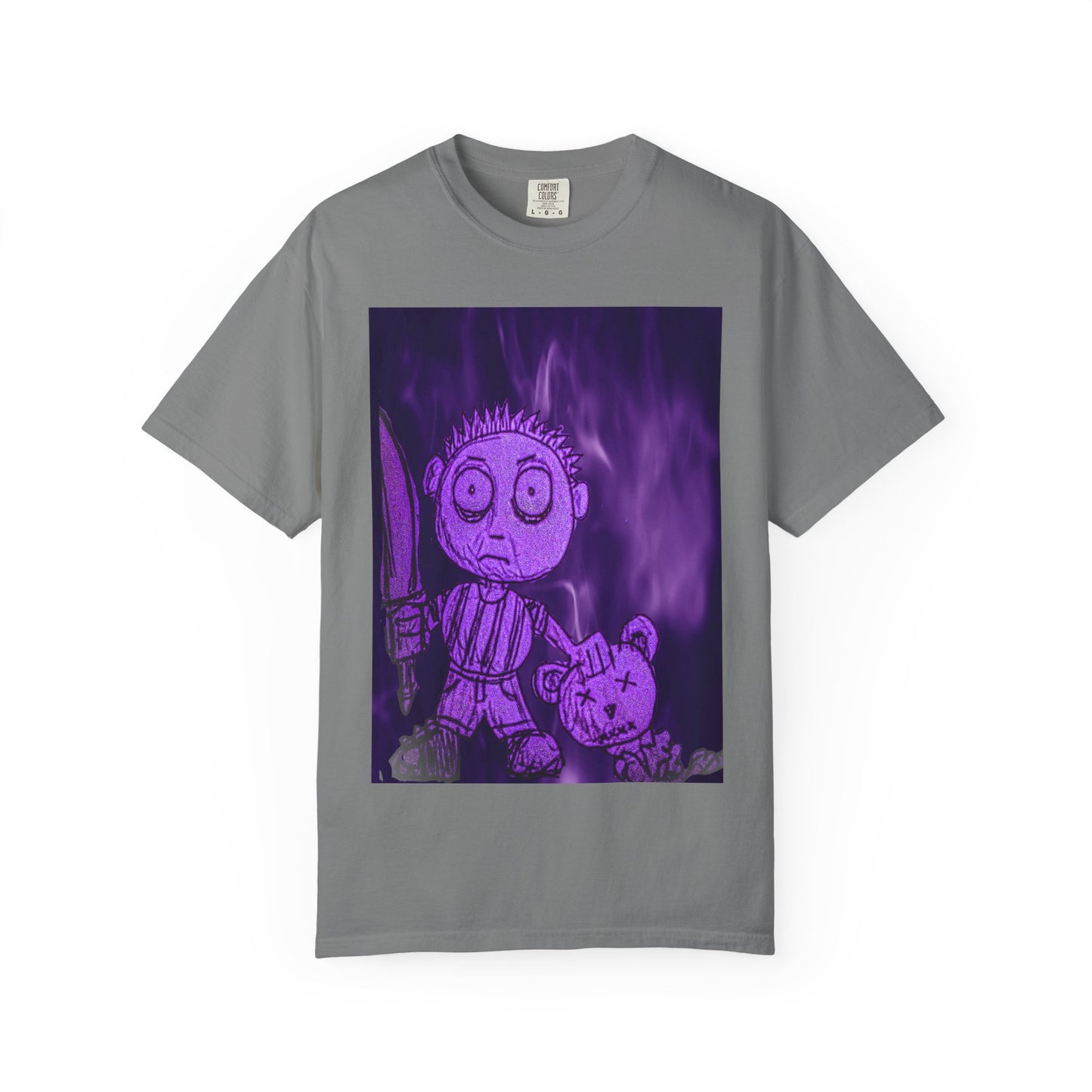 Horror Cartoon T-Shirt — Creepy Knife Kid with Broken Bunny Graphic
