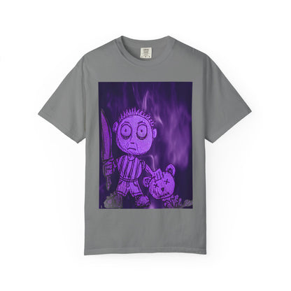 Horror Cartoon T-Shirt — Creepy Knife Kid with Broken Bunny Graphic