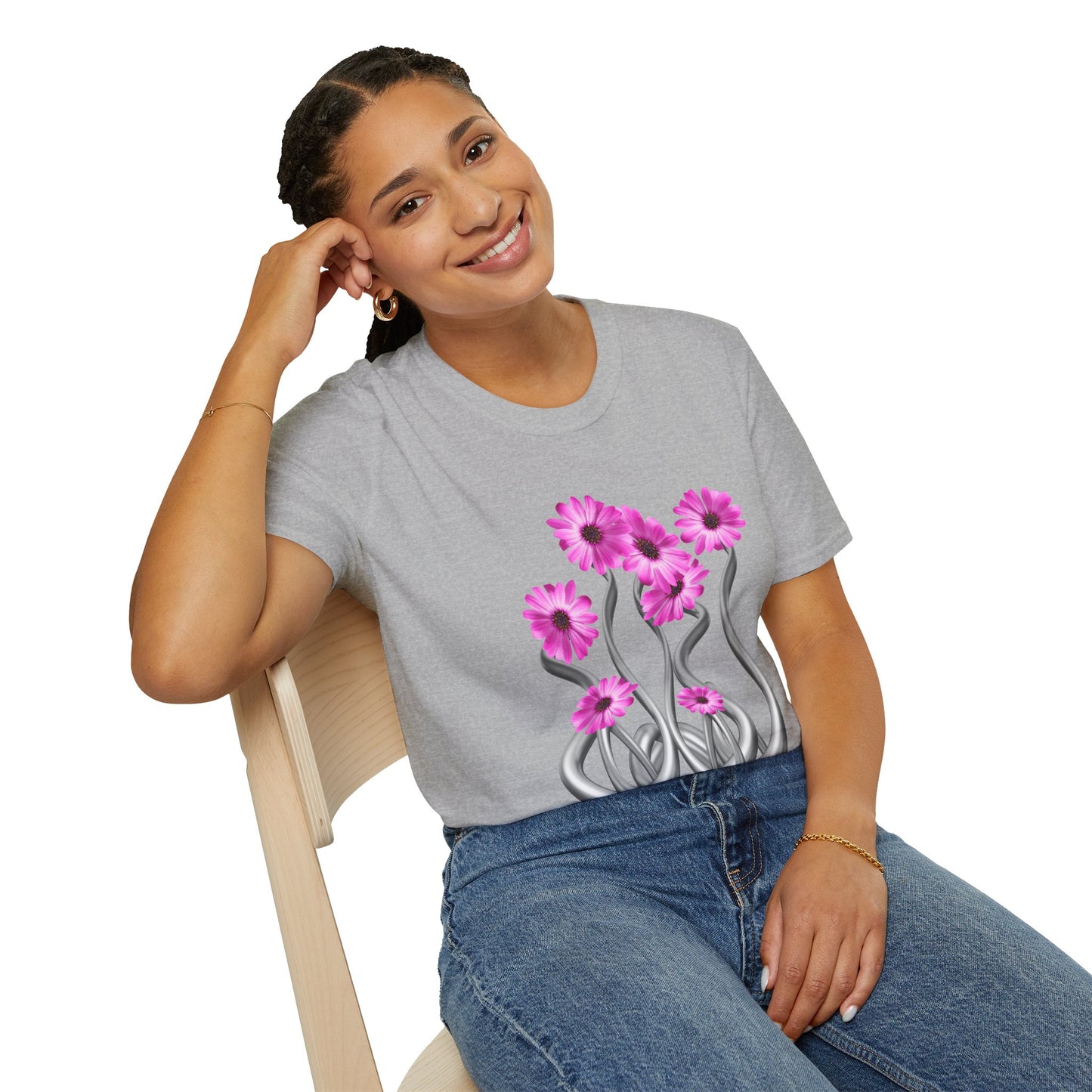 Floral Metal Futuristic Twist T‑Shirt — Pink Daisy Vine Graphic Tee