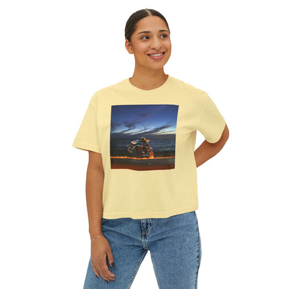 Women's Boxy Tee Fire Wheelie  Ocean Sunset Design, Relaxed Fit T-Shirt, Perfect for Casual Wear, Summer Vibe, Beach Day Gift