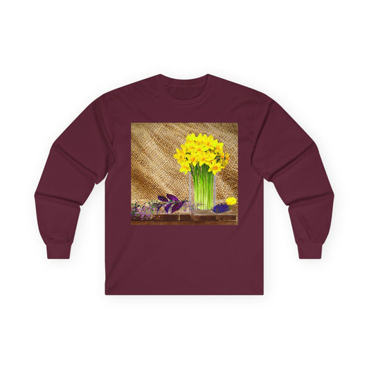 Burlap Floral Long Sleeve Tee - Perfect for Outdoor Gatherings, Gift for Garden Lovers, Spring Celebrations, Cozy Casual Wear
