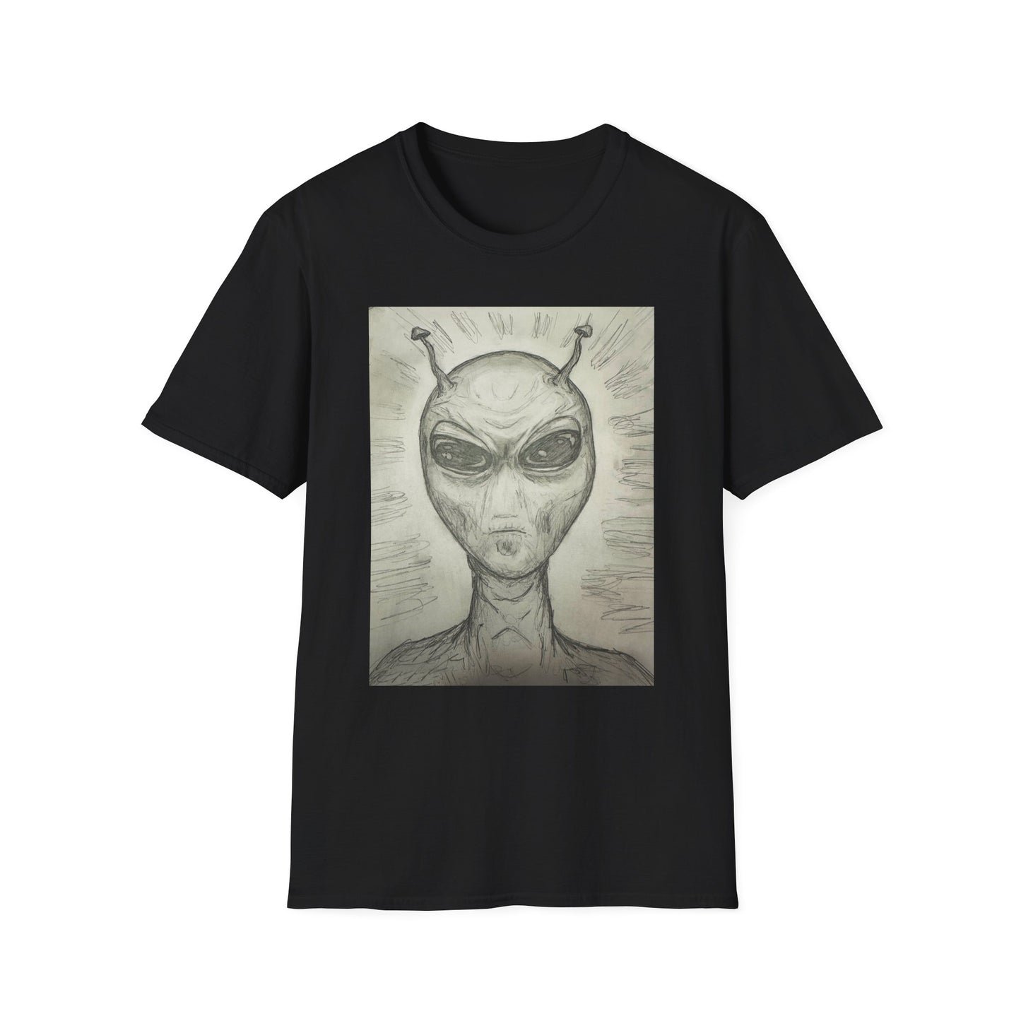 Alien Sketch B & W Unisex Softstyle T-Shirt, Casual Graphic Tee, Sci-Fi Lover Apparel, Unique Gift for UFO Enthusiasts, Everyday Wear