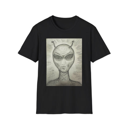 Alien Sketch B & W Unisex Softstyle T-Shirt, Casual Graphic Tee, Sci-Fi Lover Apparel, Unique Gift for UFO Enthusiasts, Everyday Wear